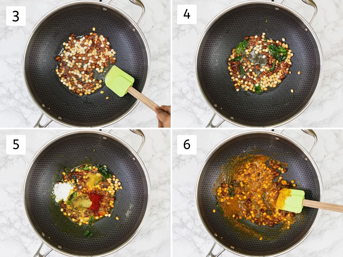 Collage of 4 images showing roasting peanuts, dalia, frying curry leaves, adding and mixing spices.