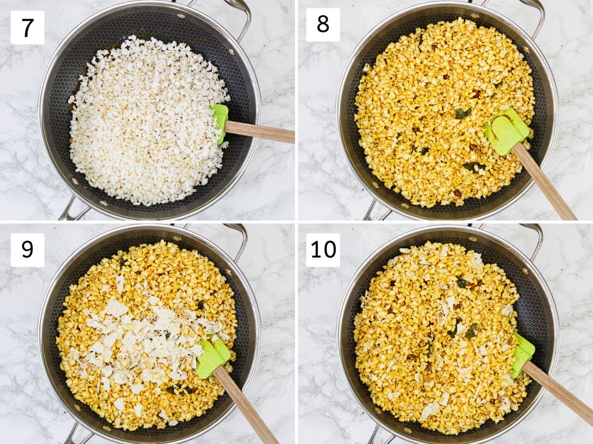 Collage of 4 images showing adding and tossing roasted dhani and mamra with crushed papad.