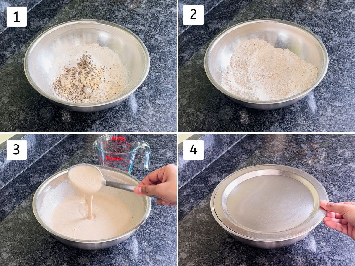 Collage of 4 images showing mixing flour, making batter and covered with a lid.