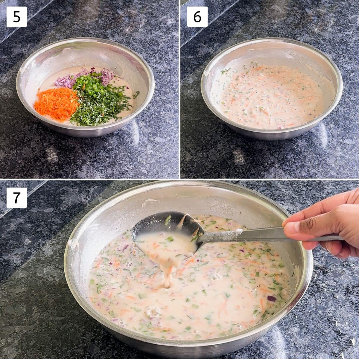 Collage of 3 images showing adding veggies and adjusting the batter consistency with water.