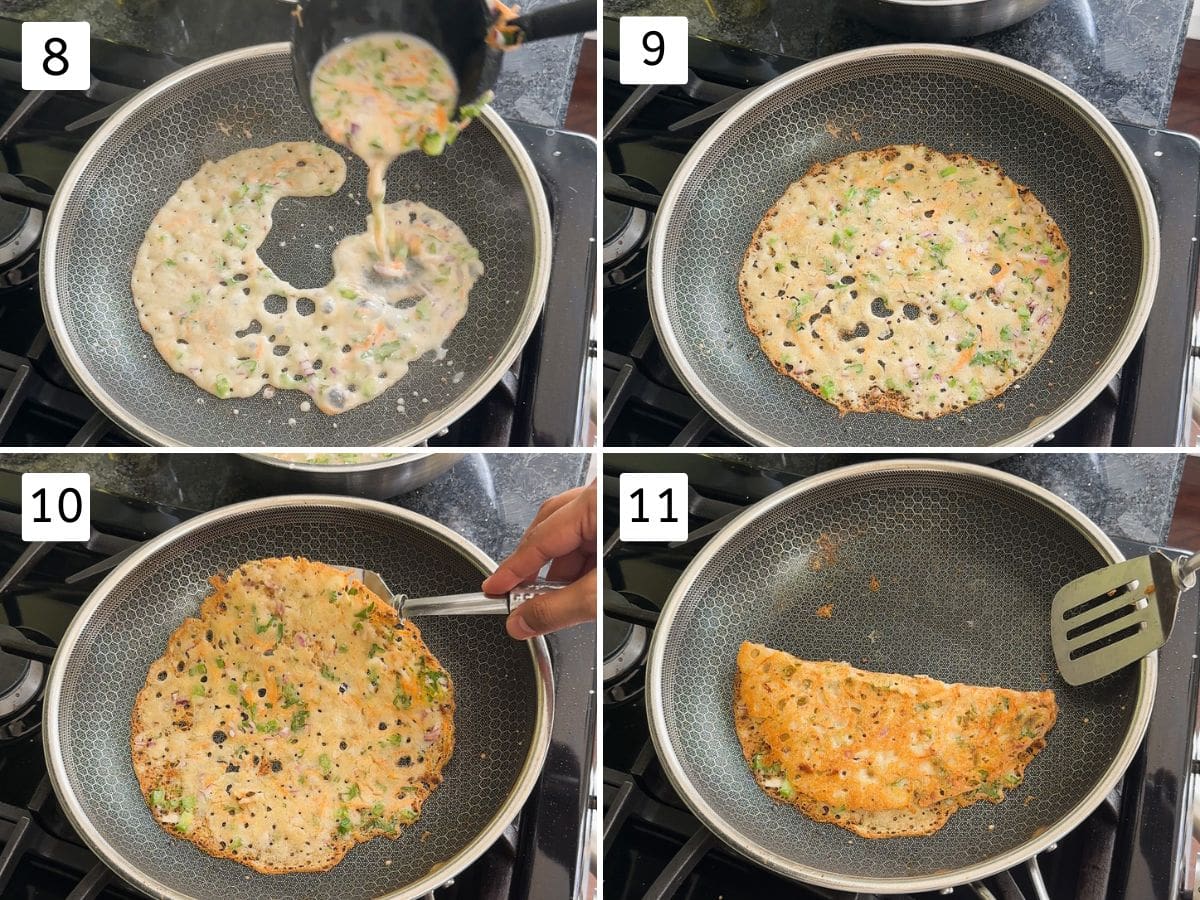 Collage of 4 images showing pouring batter into the pan, cooking dosa, folding in hald.