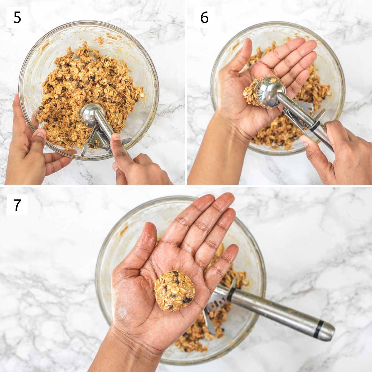 Collage of 3 images showing scooping the mixture with cookie scopp and shaping into balls.
