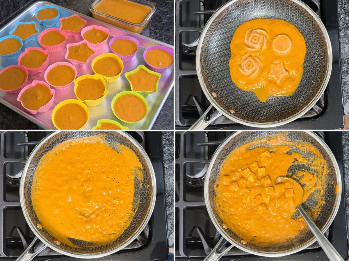 Collage of 4 images showing freezing sauce in moulds, thaw and making paneer curry.