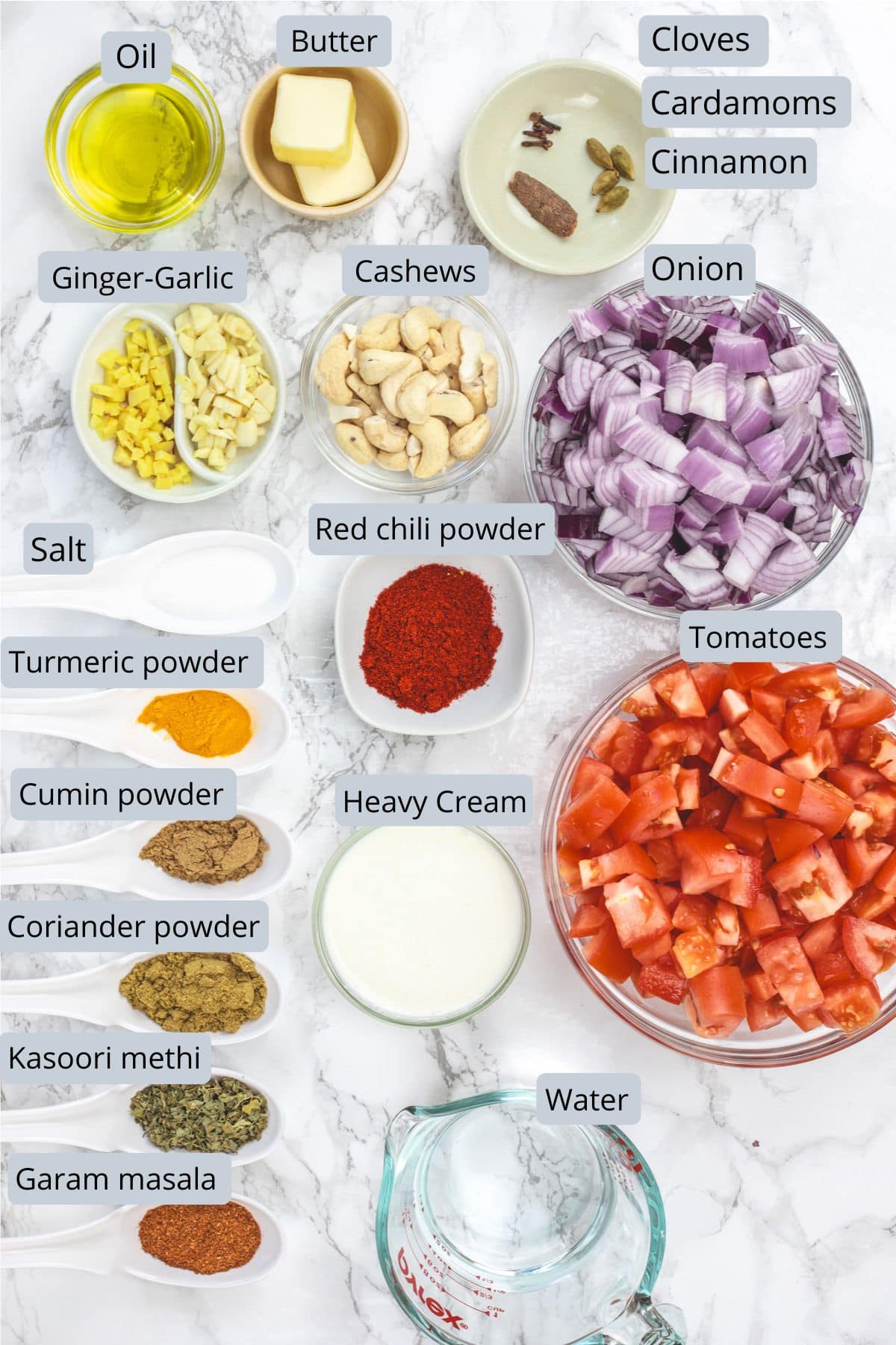 Tikka masala sauce ingredients in bowls and spoons with labels.