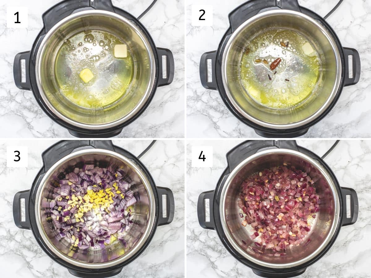 Collage of 4 images showing sauteing whole spices, cooking onion, ginger, and garlic.