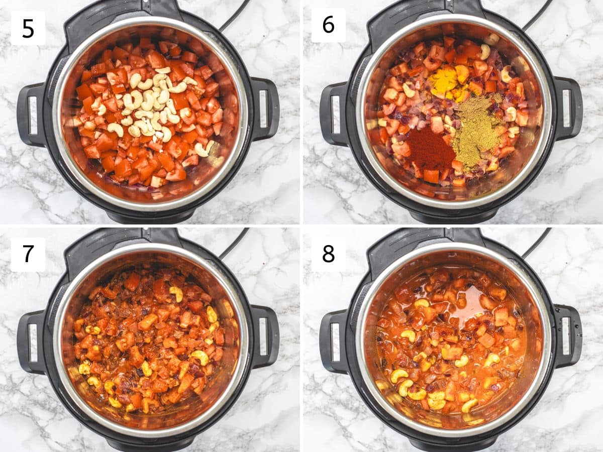 Collage of 4 images showing adding tomatoes, cashews, spices and water.