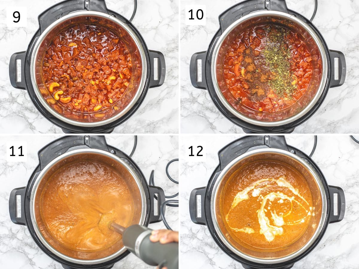 Collage of 4 images showing cooked mixture, pureeing and adding cream.