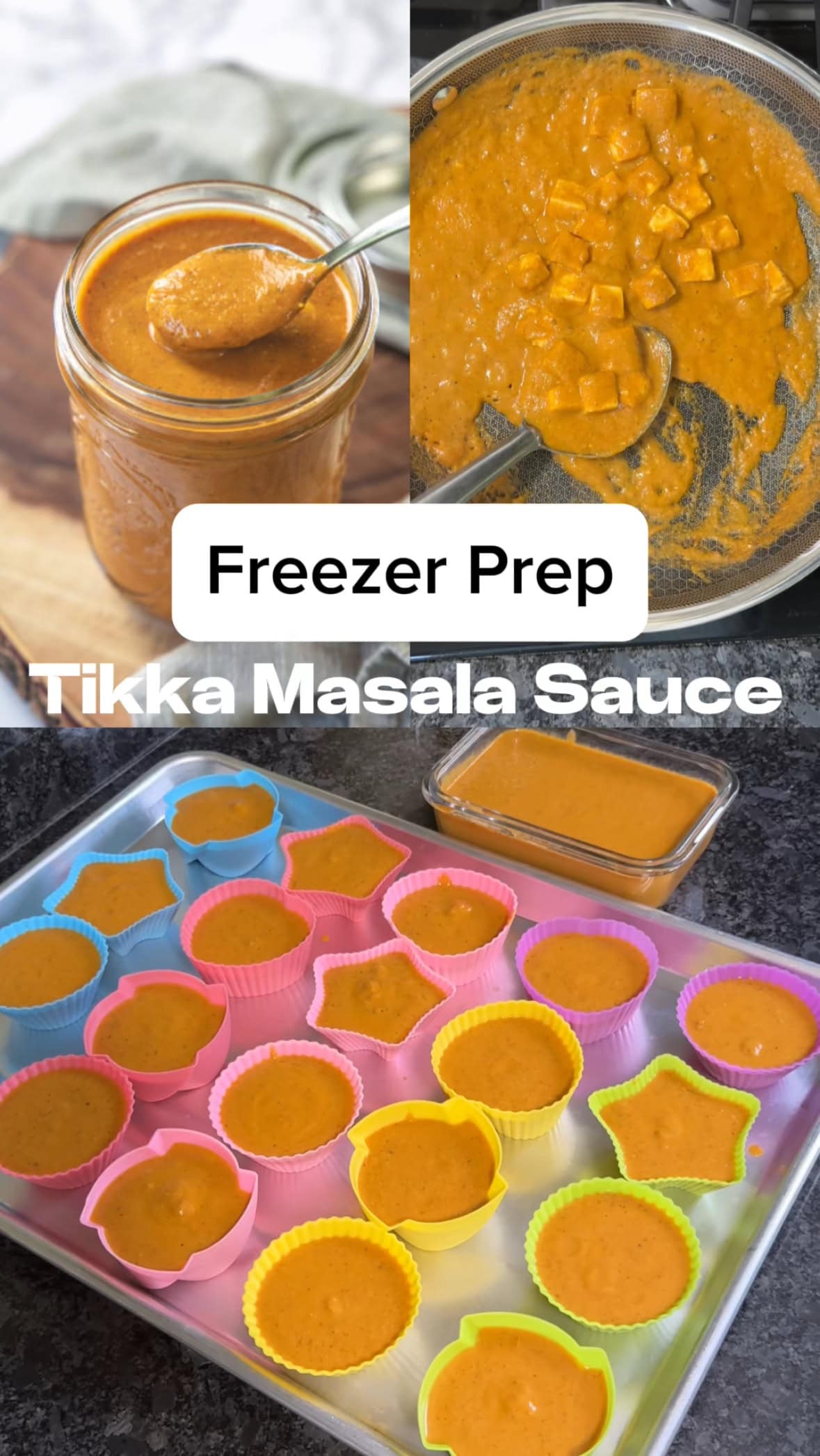 Collage of images showing tikka masala sauce to freeze.