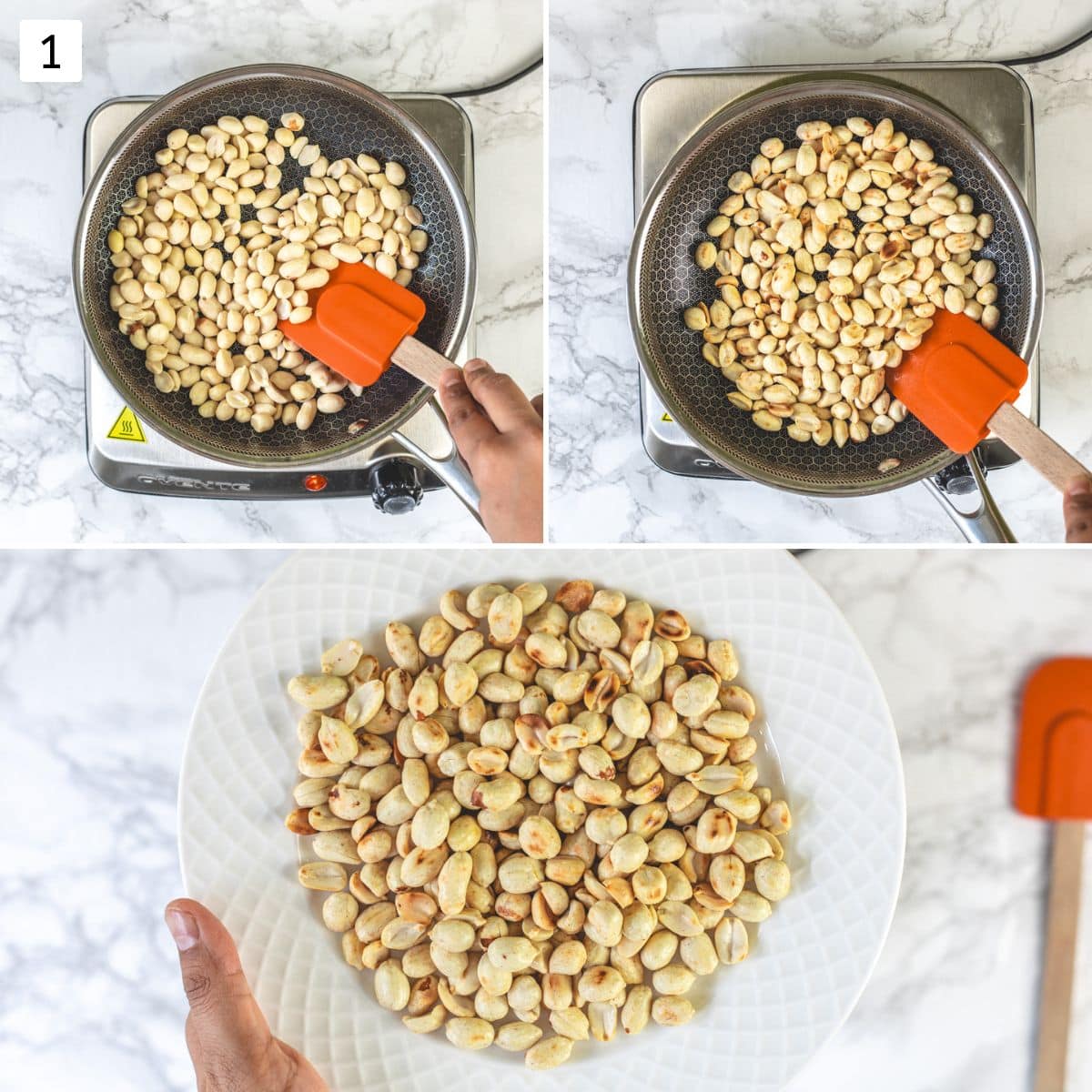 Collage of 3 images showing roasting peanuts and removing to a plate.
