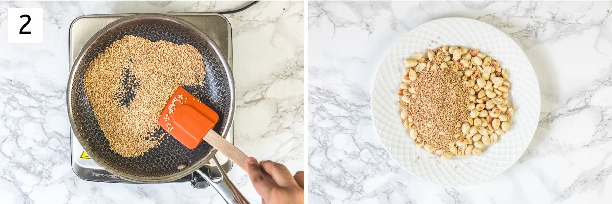 Collage of 2 images showing roasting sesame seeds and removed to a plate.