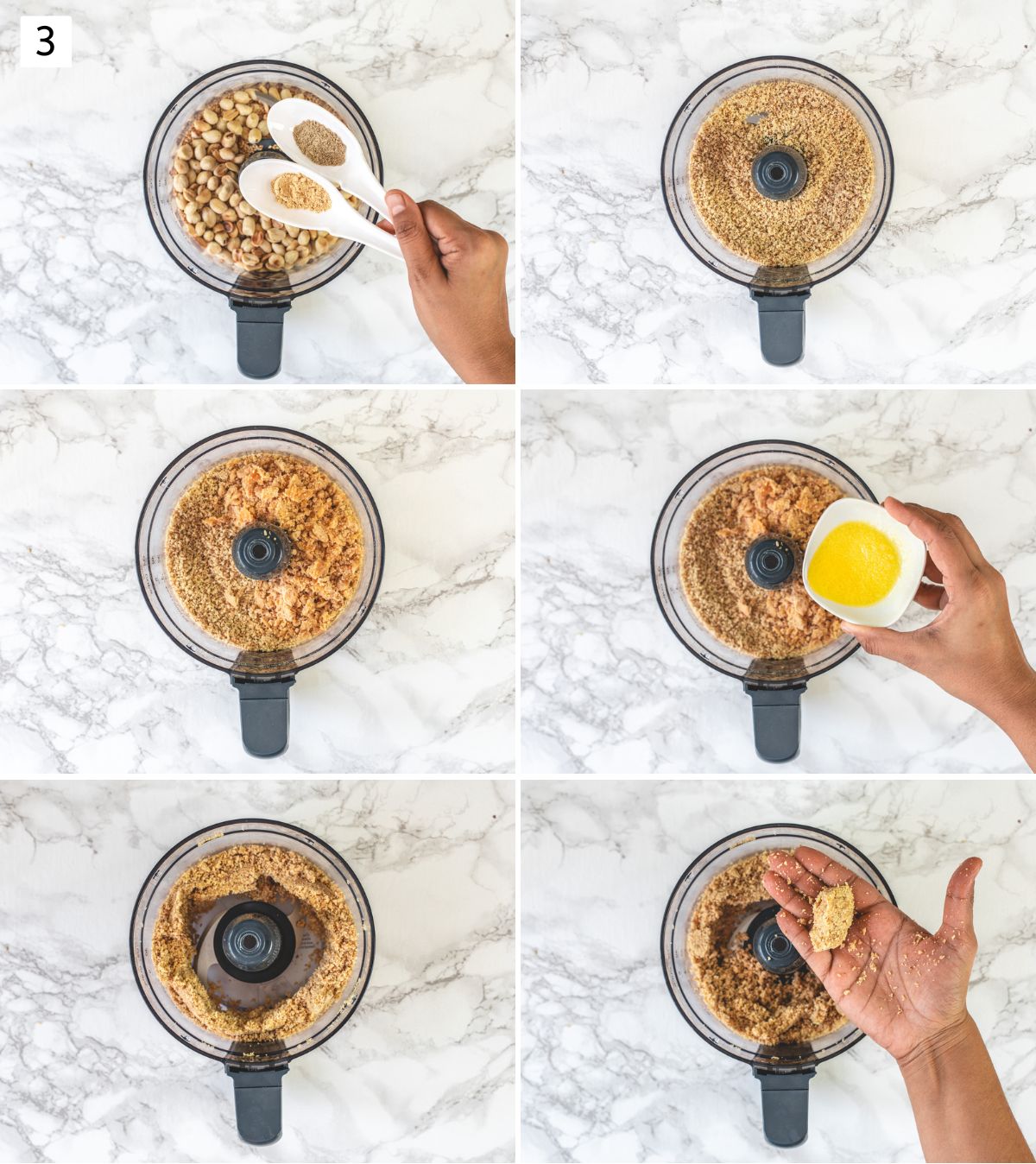 Collage of 6 images showing making peanut ladoo mixture in a food processor.