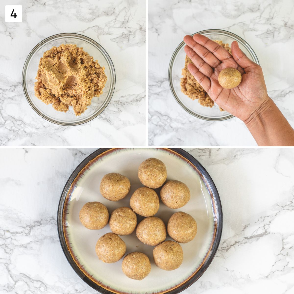 Collage of 3 images showing shaping ladoo and placing on a plate.