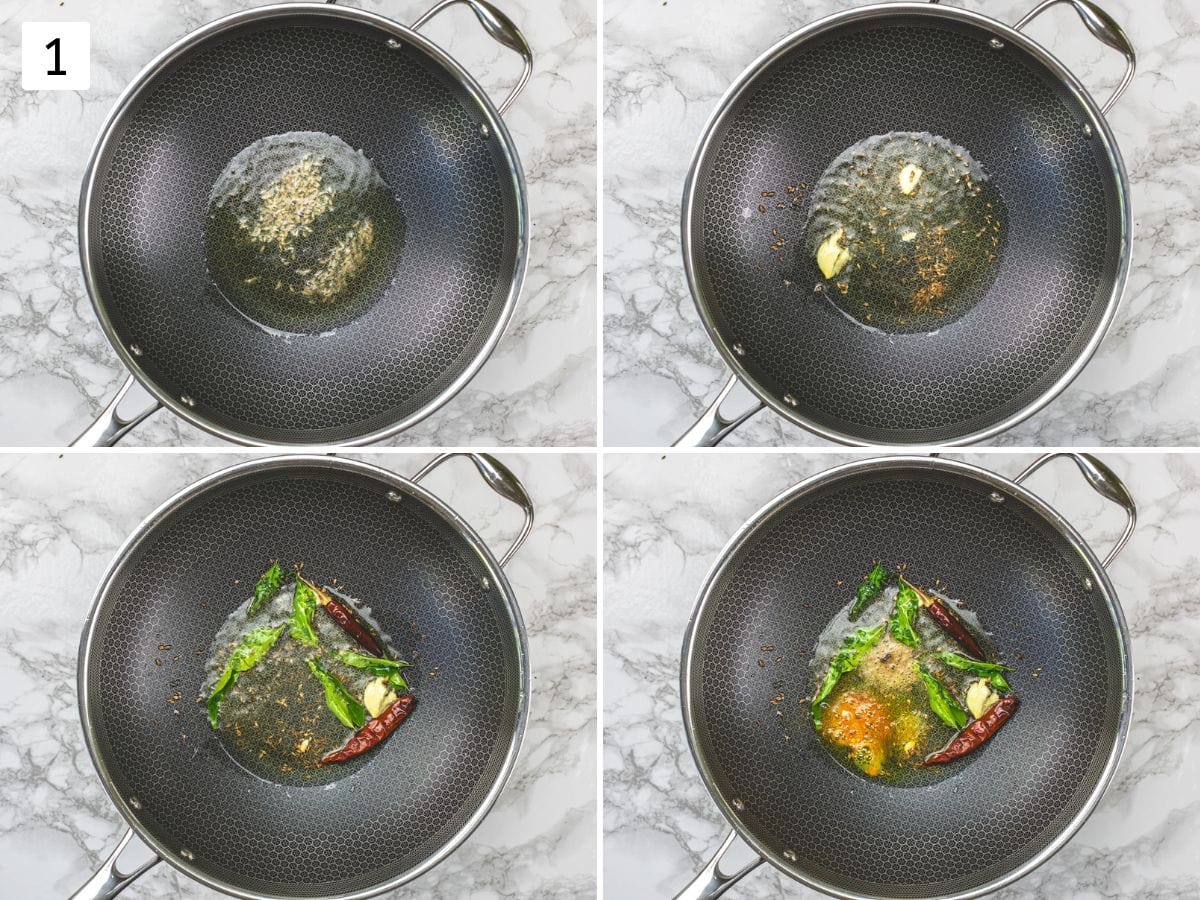 Collage of 4 images showing tempering with spices, garlic and curry leaves.