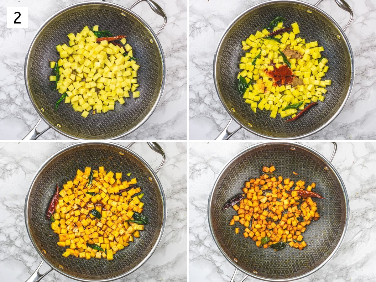 Collage of 4 images showing cooking potato cubes with spices.