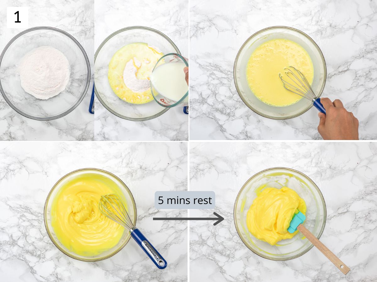 Collage of 5 images showing making vanilla pudding.