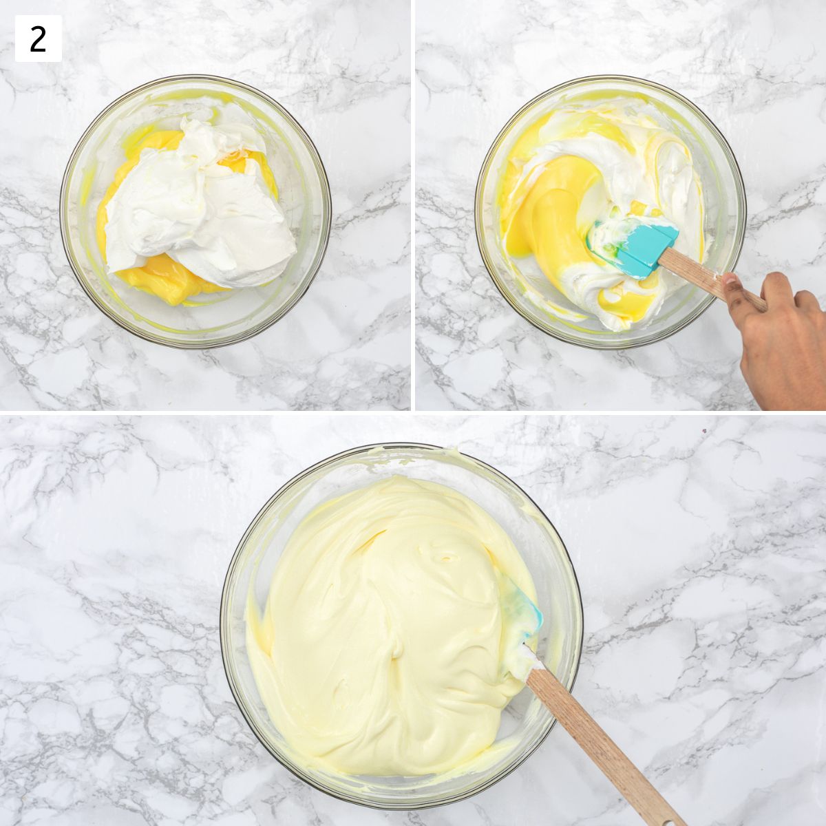 Collage of 3 images showing folding whipped topping into pudding.