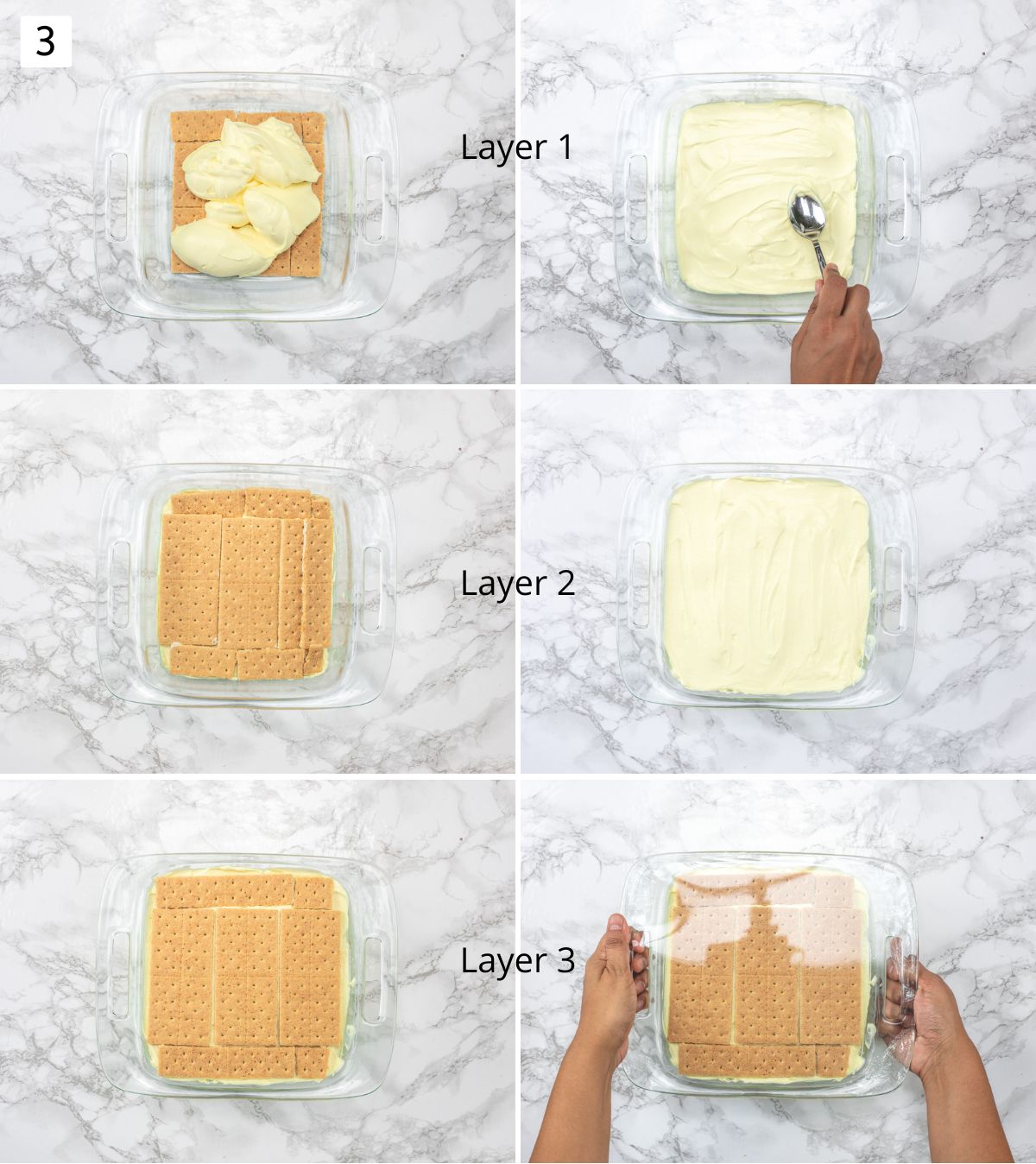 Collage of 6 images showing assembling the eclair cake.
