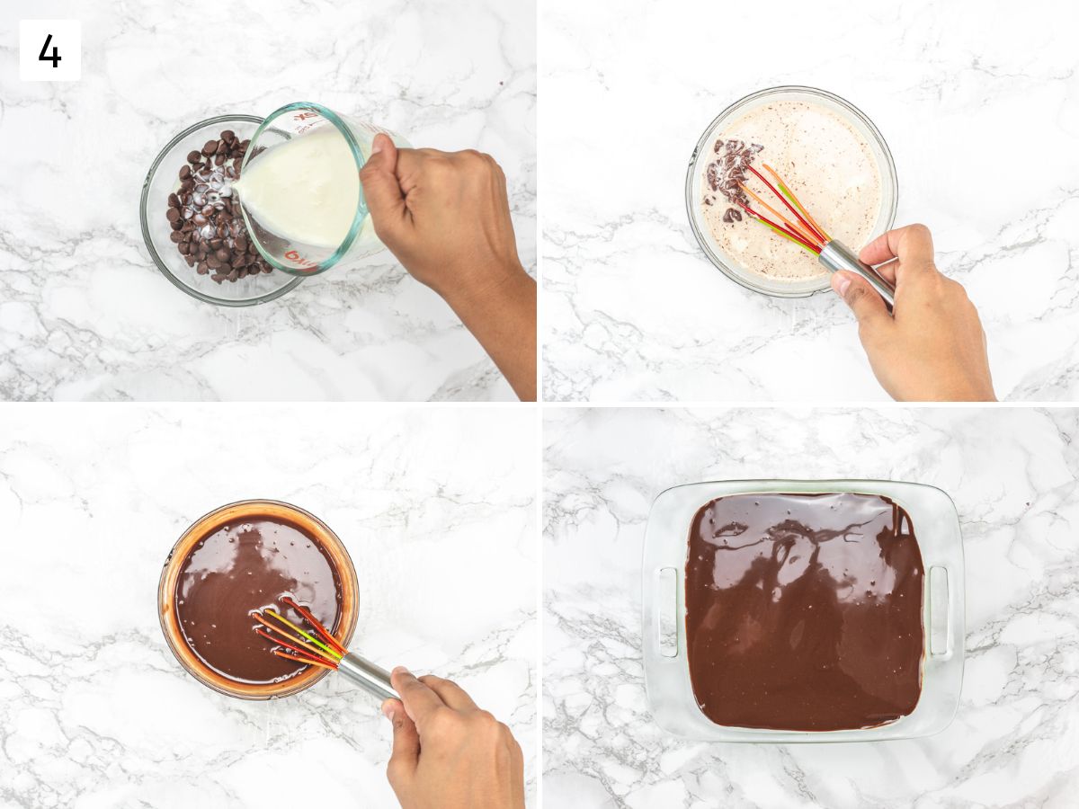 Collage of 4 images showing making ganache and spreading over the cake.