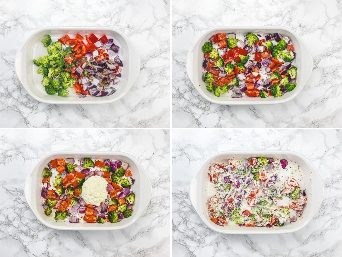 Collage of 4 images showing mixing veggies, herbs and cream cheese in a casserole.