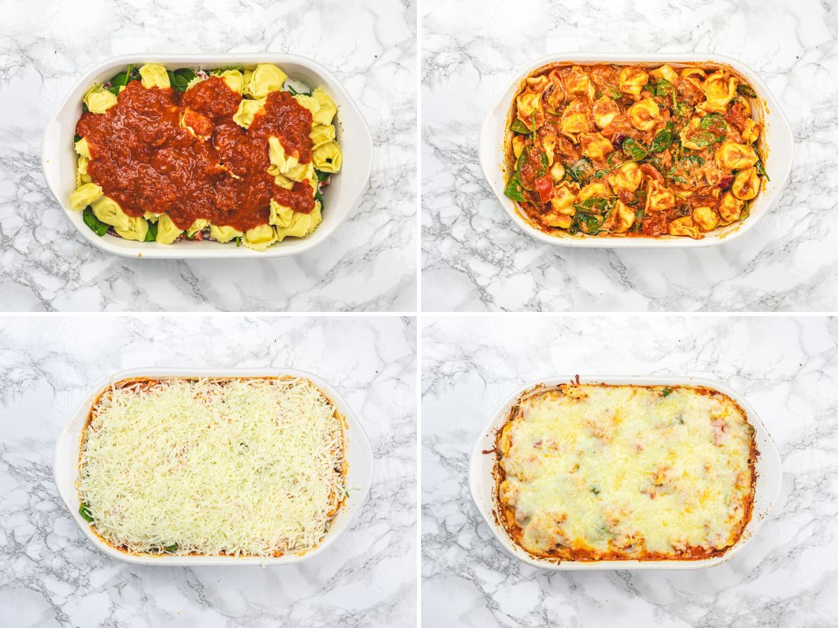 Collage of 4 images showing adding sauce, tortellini, cheese and baked.