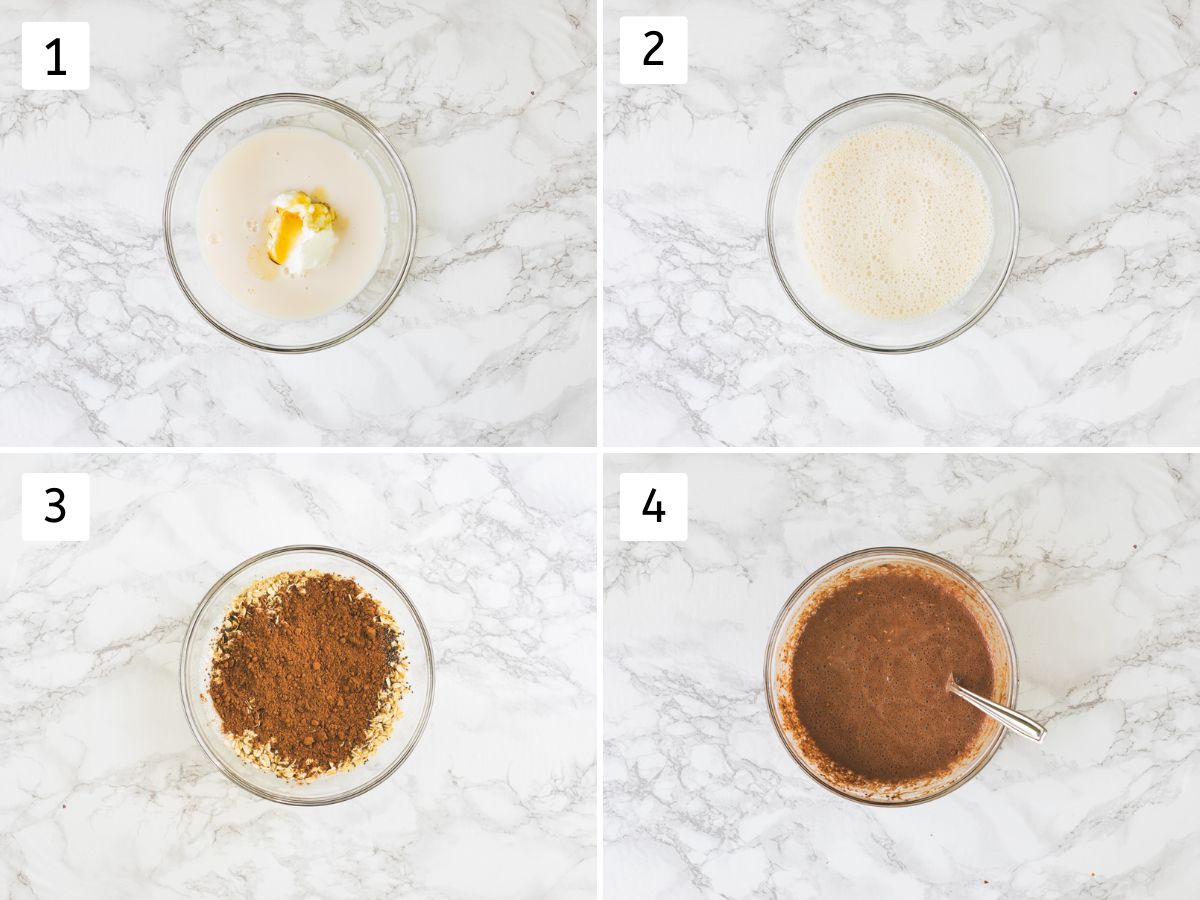 Collage of 4 images showing mixing chocolate overnight oats ingredients in a bowl.