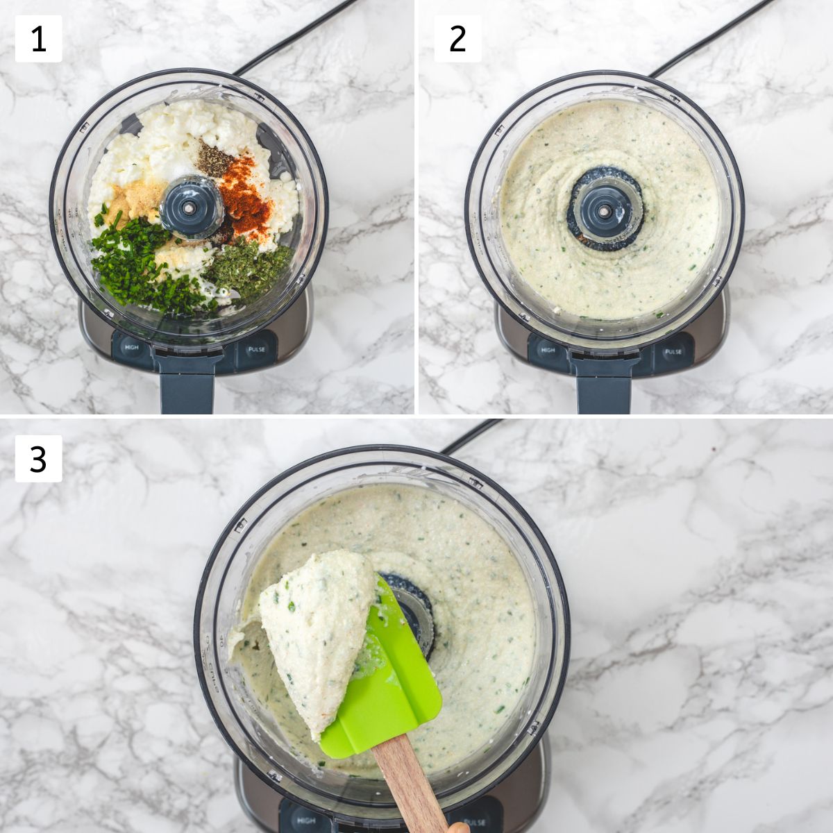 Collage of 3 images showing making cottage cheese in a food processor.