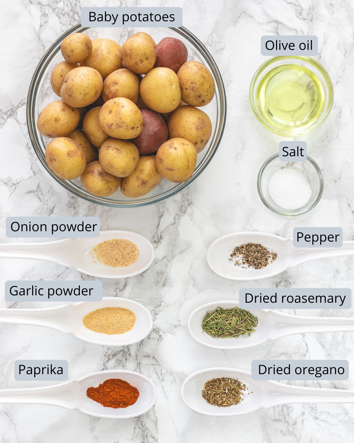 Roasted baby potatoes ingredients in bowls and spoons with labels.