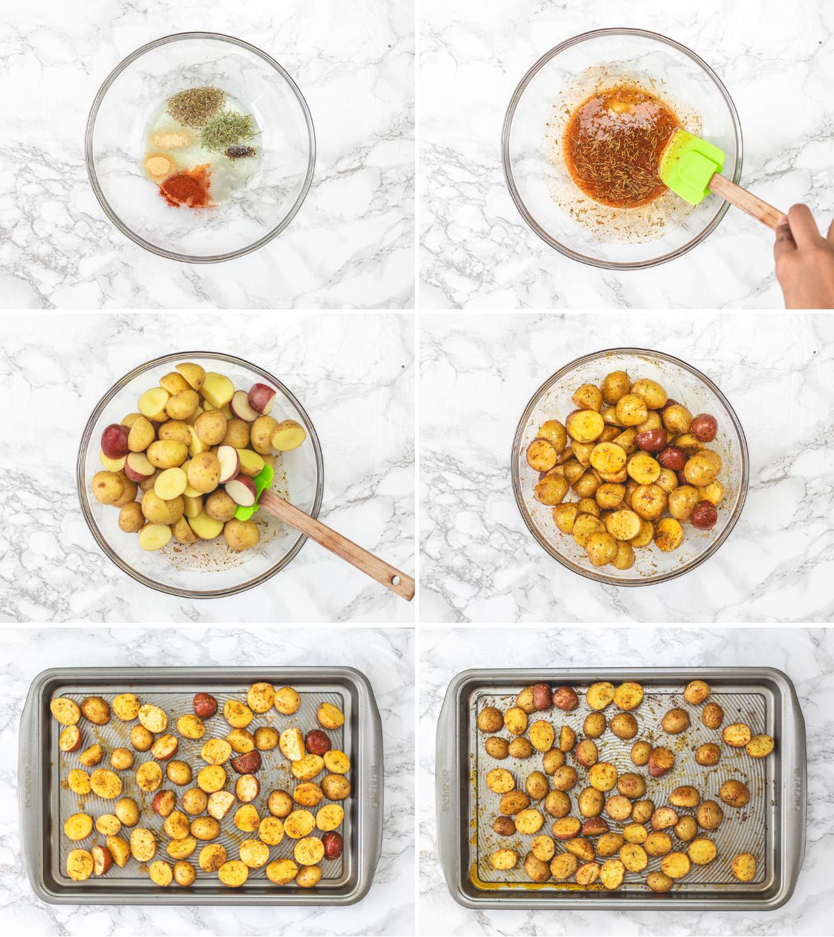 Collage of 6 images showing coating baby potatoes in spices, oil and baking in tray.