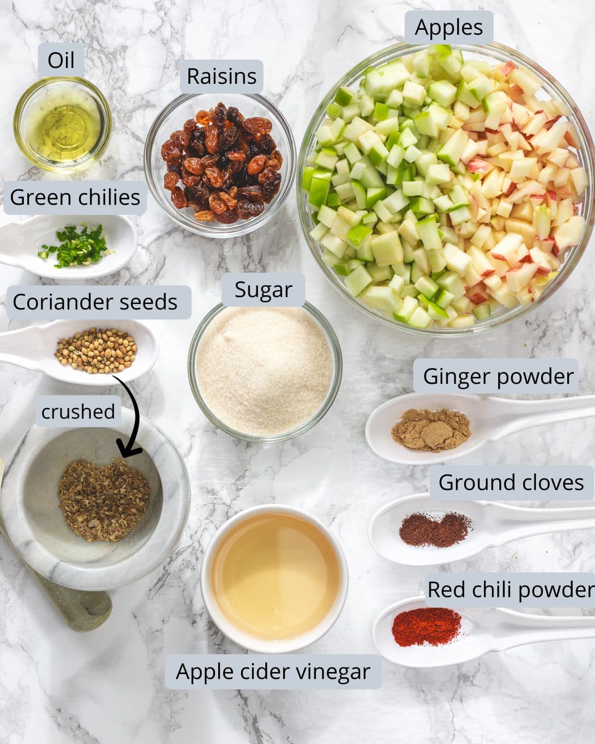 Apple chutney ingredients in bowls and spoons with labels.