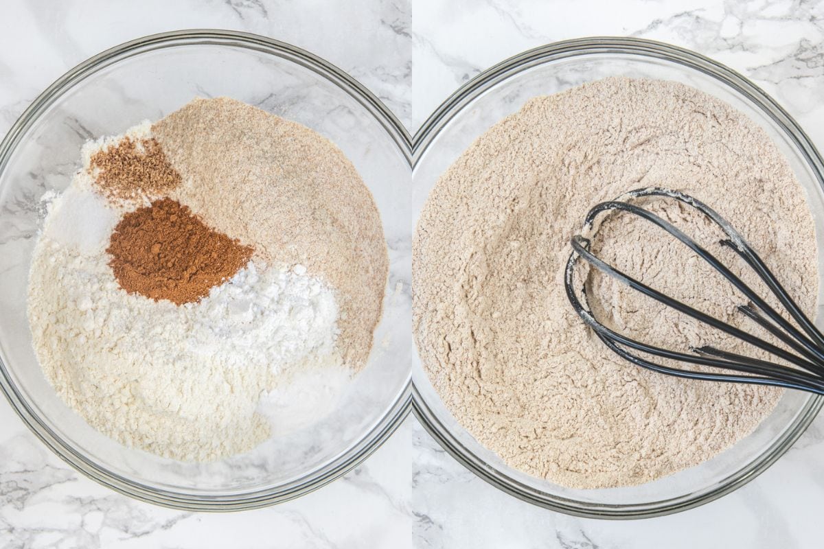Dry ingredient mixture in a bowl with whisk.