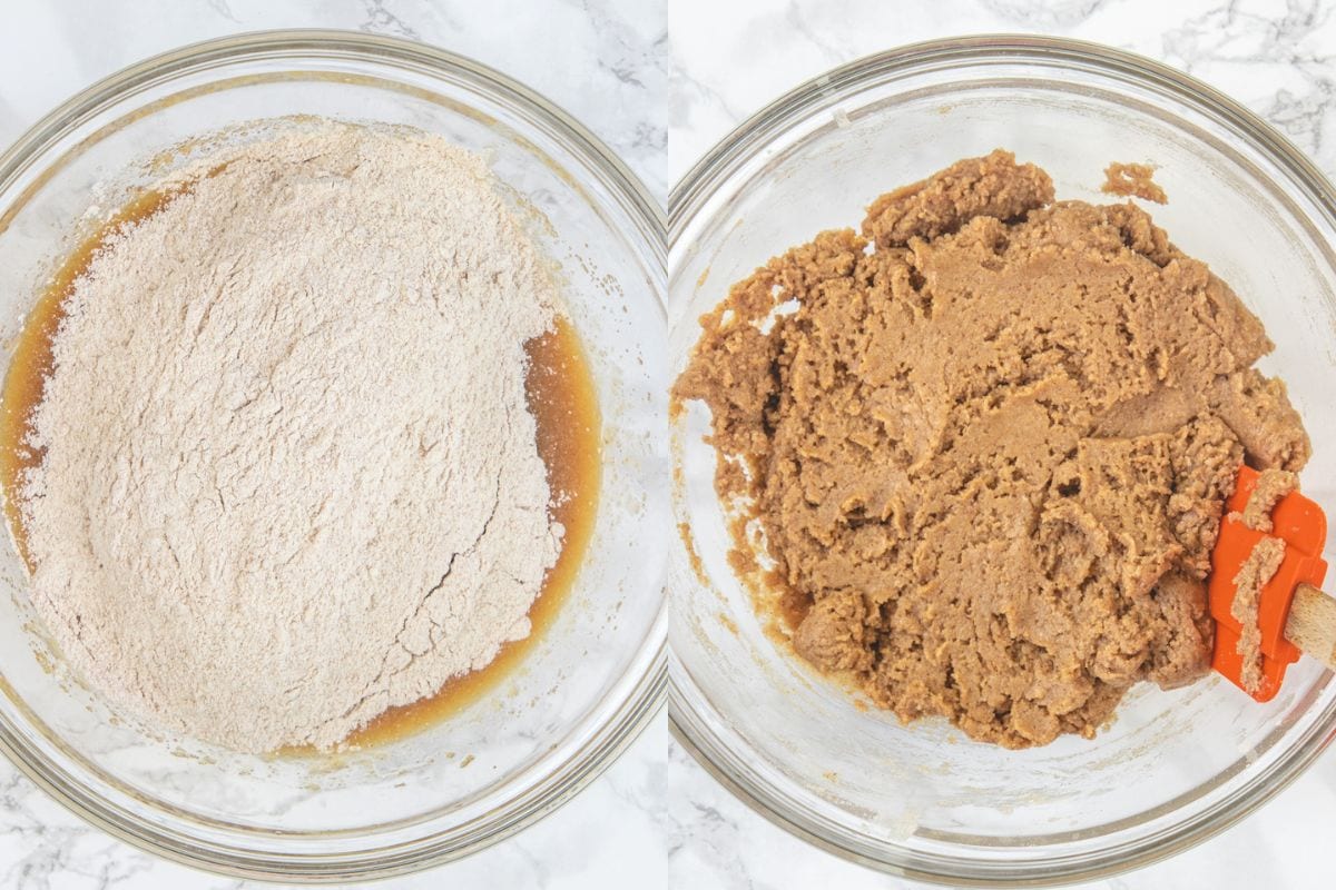Mixing dry and wet mixture to make a thick batter.
