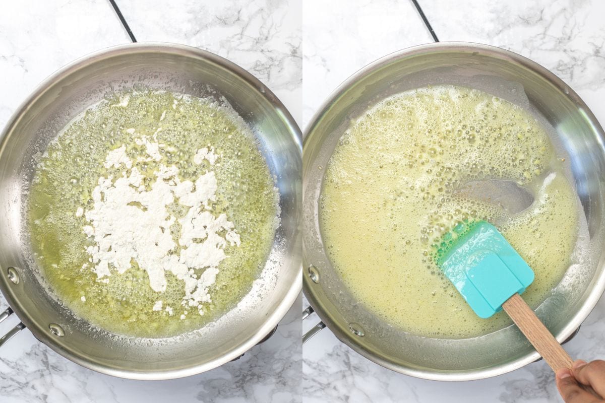 Adding and cooking flour in butter to make roux.