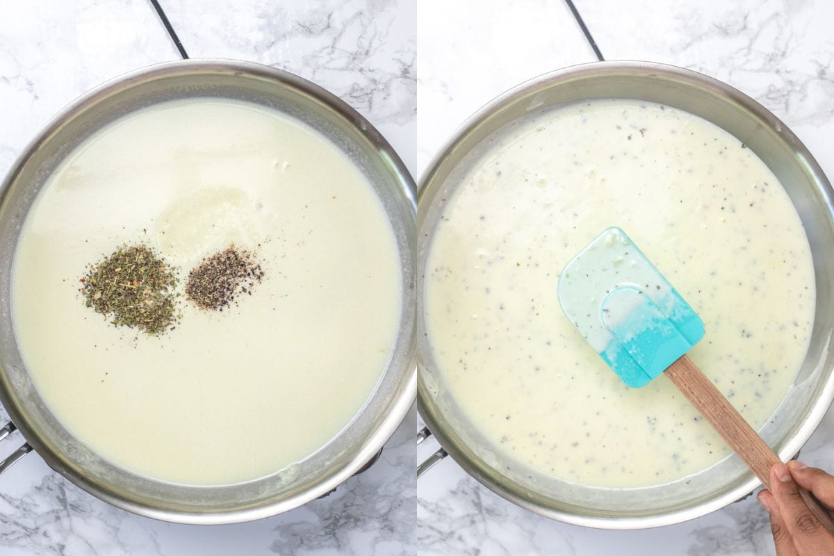 Adding spices and heavy cream.