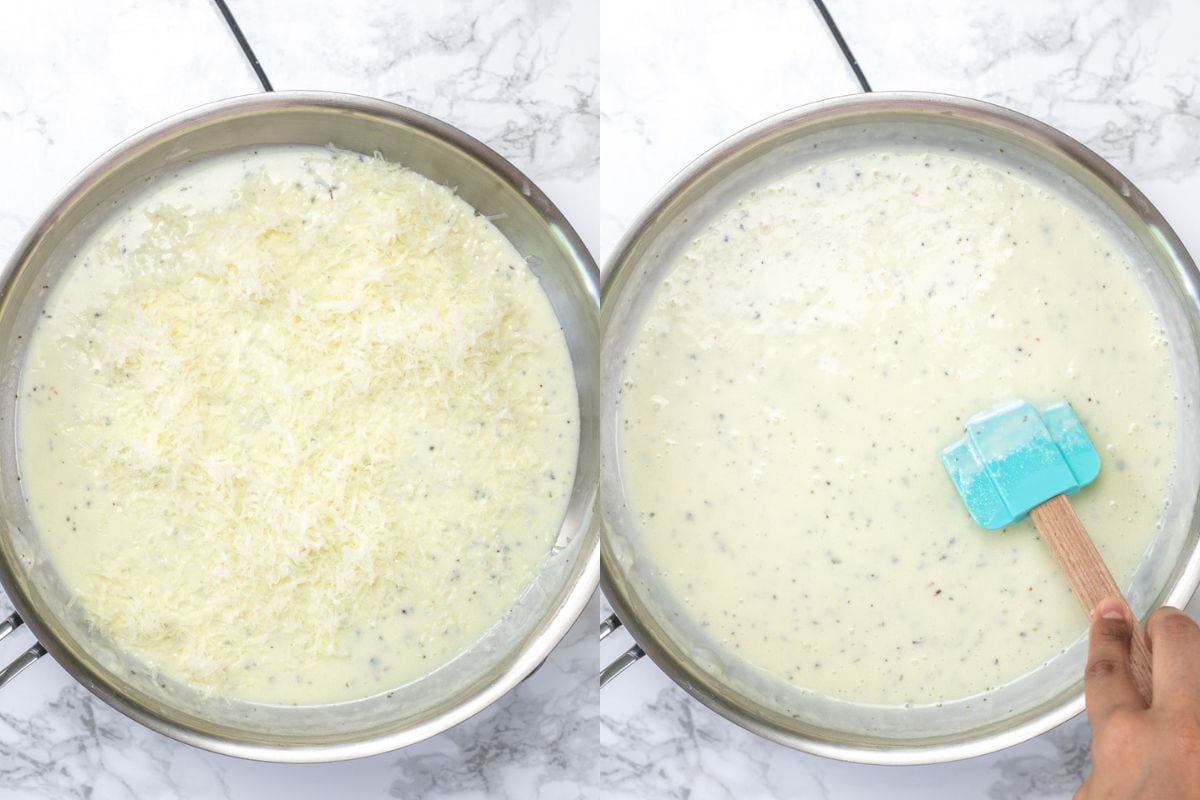Adding and melting parmesan cheese to make alfredo sauce.