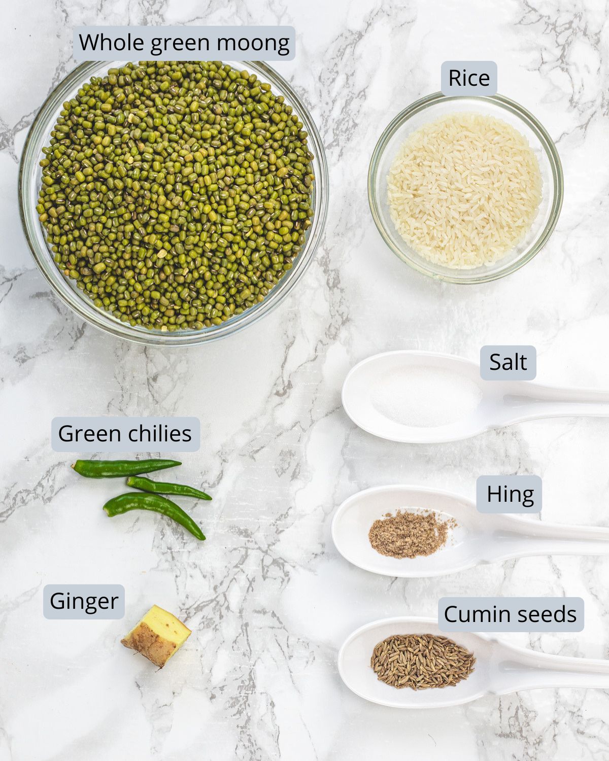 Pesarattu recipe ingredients in bowls and spoons with labels.
