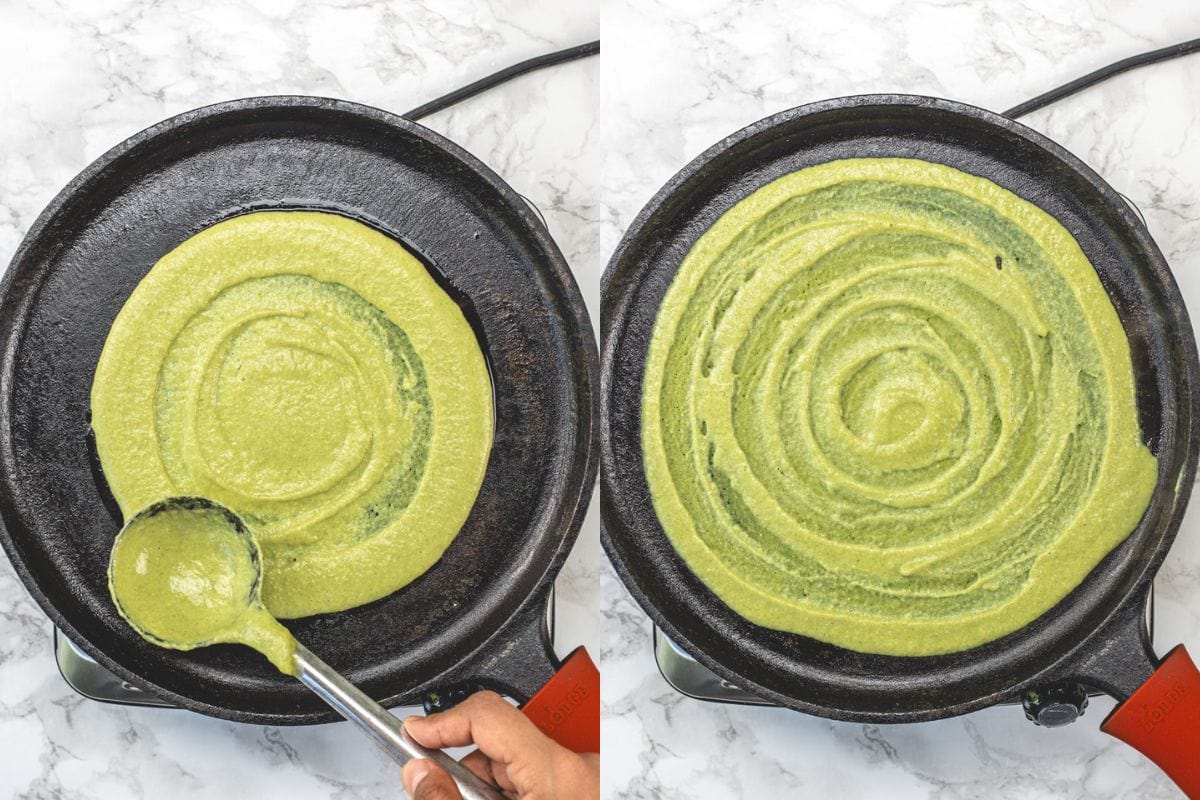 Spreading pesarattu batter in a hot cast iron pan.